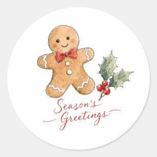 Watercolor Gingerbread Man with Bow Classic Round Sticker