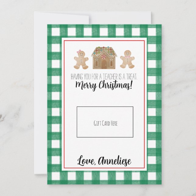 Watercolor Gingerbread Teacher Christmas Gift Card (Front)