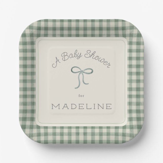 Watercolor Gingham Antique Sage Green Baby Shower Paper Plate (Front)