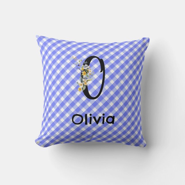 Watercolor gingham blue pattern Flower Monogram Cushion (Front)