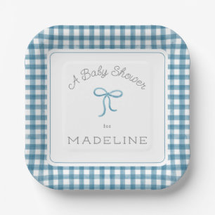 Watercolor Gingham Denim Blue Baby Shower Paper Plate