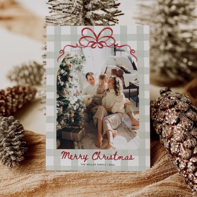 Watercolor Gingham Family Photo Christmas Holiday Card (Gingham Family Photo Christmas Card)