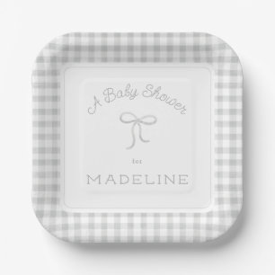 Watercolor Gingham Grey Baby Shower Paper Plate