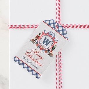 Watercolor Gingham Nutcracker Mouse Monogram Crest Gift Tags