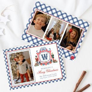 Watercolor Gingham Nutcracker Mouse Monogram Crest Holiday Card