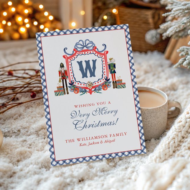 Watercolor Gingham Nutcracker Mouse Monogram Crest Holiday Card (Creator Uploaded)