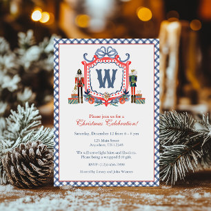 Watercolor Gingham Nutcracker Mouse Monogram Crest Invitation