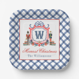 Watercolor Gingham Nutcracker Mouse Monogram Crest Paper Plate