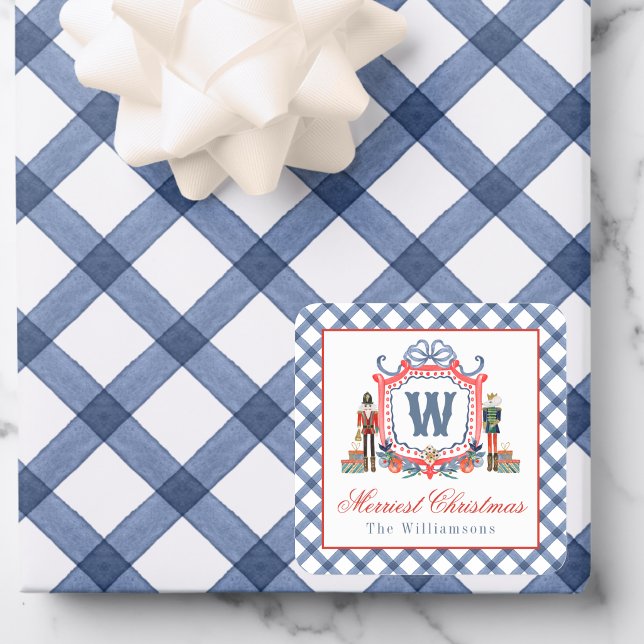 Watercolor Gingham Nutcracker Mouse Monogram Crest Square Sticker (Creator Uploaded)