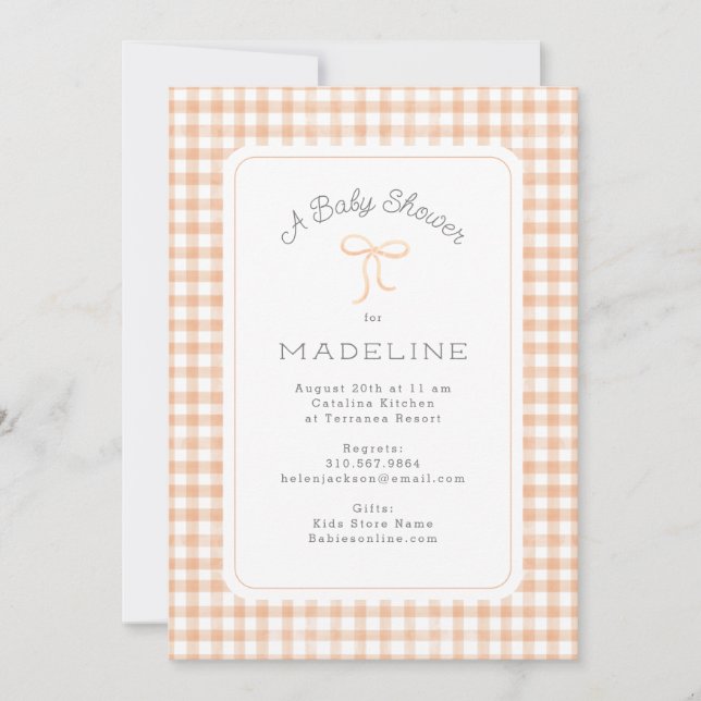 Watercolor Gingham Peach Baby Shower Invitation (Front)
