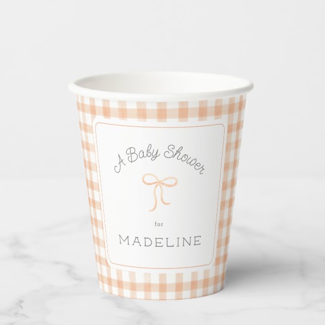 Watercolor Gingham Peach Baby Shower Paper Cups (Front)