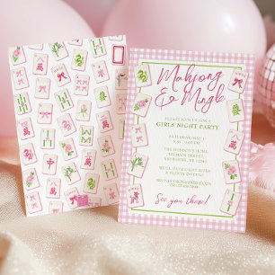 Watercolor Gingham Pink Bow Mahjong Party Invitation