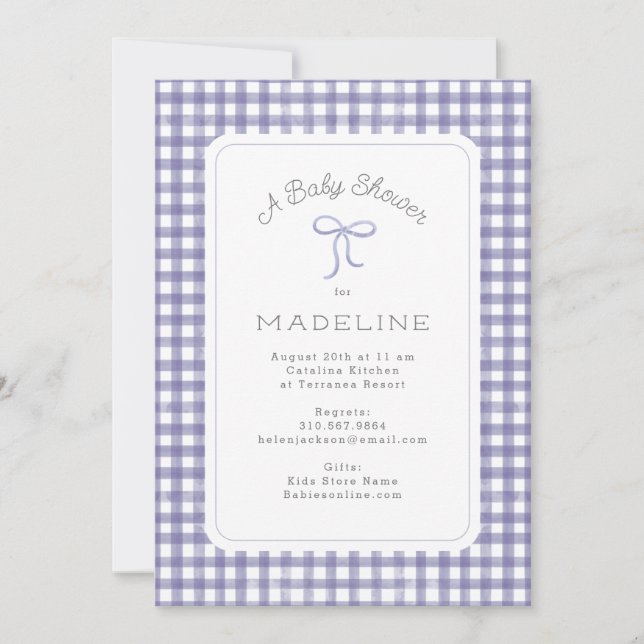 Watercolor Gingham Purple Baby Shower Invitation (Front)