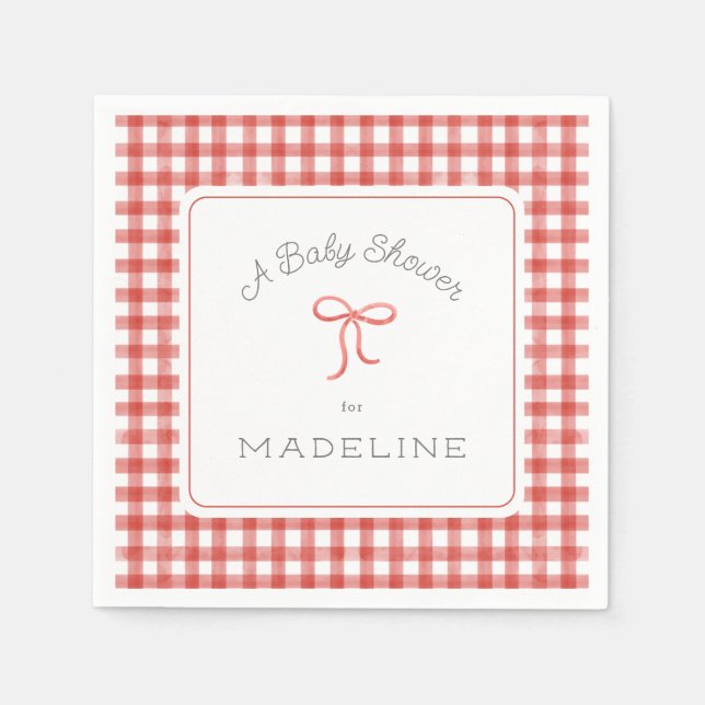 Watercolor Gingham Red Baby Shower Napkin (Front)