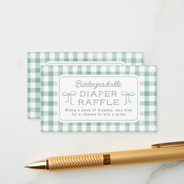 Watercolor Gingham Sage Green Diaper Raffle Small Enclosure Card (Front/Back In Situ)