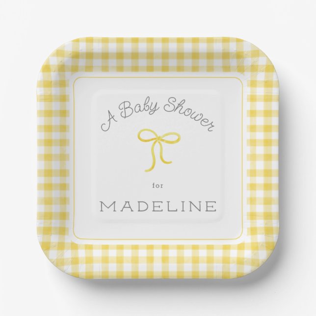 Watercolor Gingham Yellow Baby Shower Paper Plate (Front)
