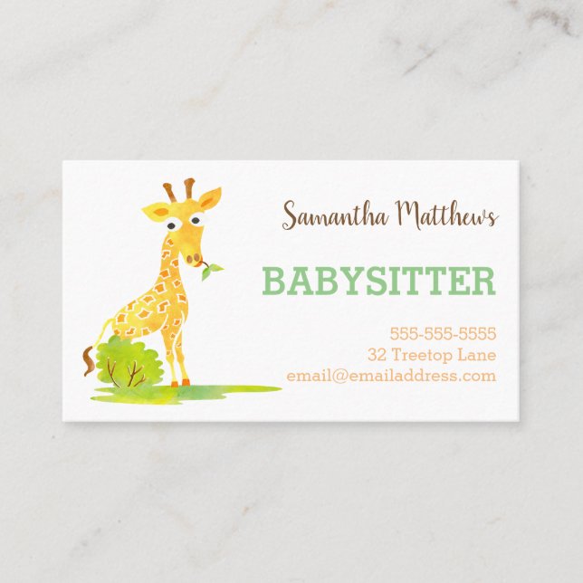 Watercolor Giraffe Babysitter Childcare Provider Business Card (Front)