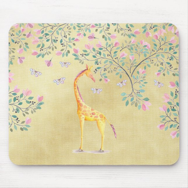 Watercolor Giraffe Butterflies and Blossom Mouse Pad (Front)