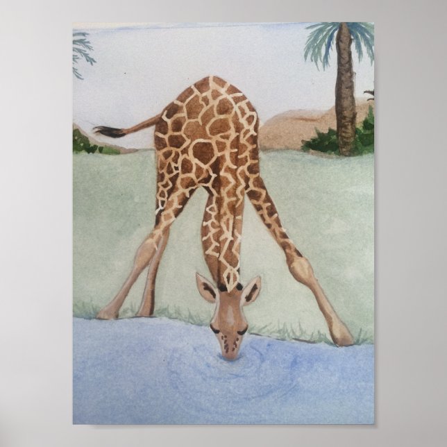 Watercolor Giraffe Drinking Water Art Poster (Front)