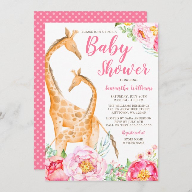 Watercolor Giraffe Girl Baby Shower Invitations (Front/Back)