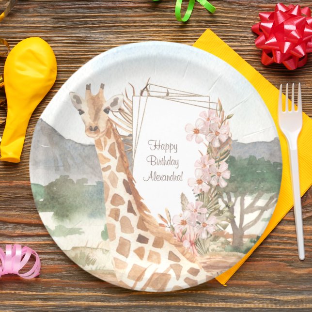 Watercolor Giraffe in African Savannah Birthday Paper Plate (Creator Uploaded)