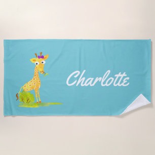 Watercolor Giraffe Kids Personalised Cute Girls Beach Towel