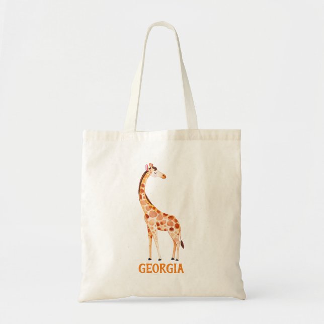 Watercolor Giraffe Safari Animal Kids Personalised Tote Bag (Front)