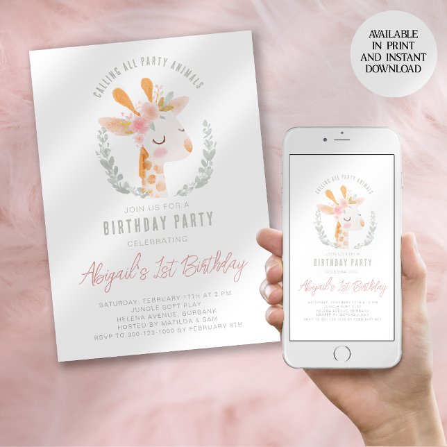 Watercolor Giraffe Safari Zoo First Birthday Party Invitation (Creator Uploaded)