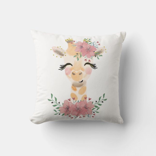 Watercolor Giraffe with Florals Throw Pillow (Front)