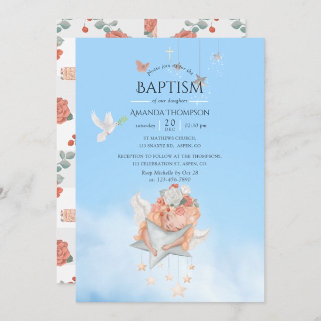 Watercolor Girl Angel Baptism Invitation (Front/Back)