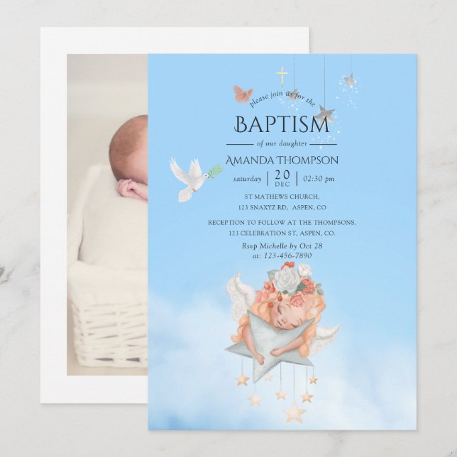 Watercolor Girl Angel Baptism Photo Invitation (Front/Back)