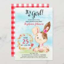 Watercolor Girl Bunny Baby Shower Farm Invitation