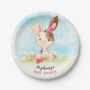 Watercolor Girl Bunny Baby Shower Farm Paper Plate