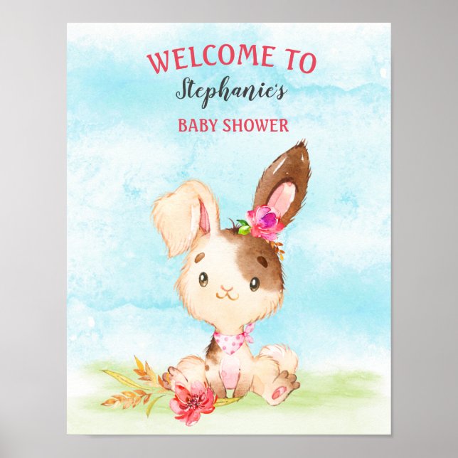Watercolor Girl Bunny Baby Shower Farm Poster (Front)
