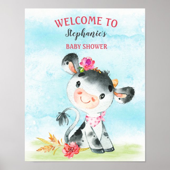 Watercolor Girl Cow Baby Shower Farm Baby Shower Poster (Front)