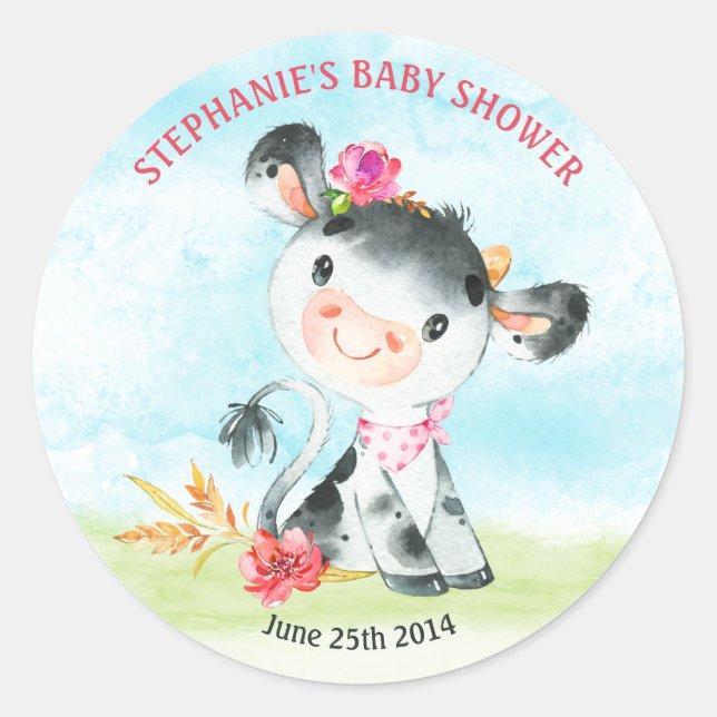 Watercolor Girl Cow Baby Shower Farm Classic Round Sticker (Front)