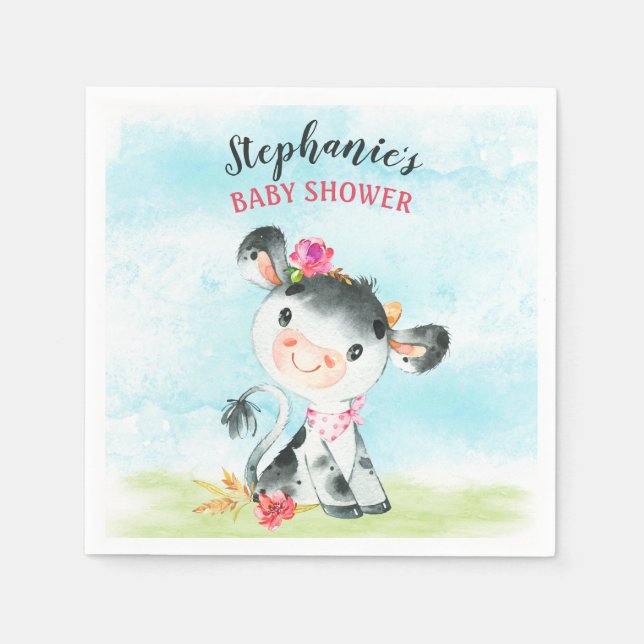 Watercolor Girl Cow Baby Shower Farm Napkin (Front)