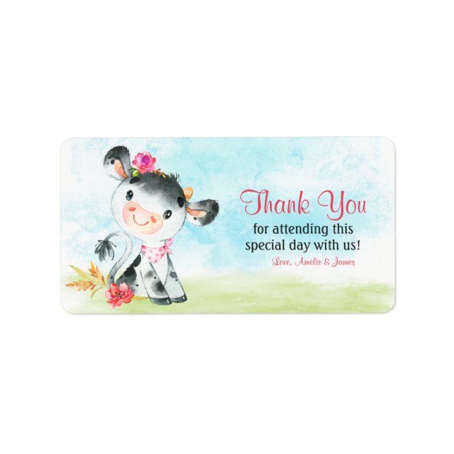 Watercolor Girl Cow Baby Shower Farm Thank You Label (Front)
