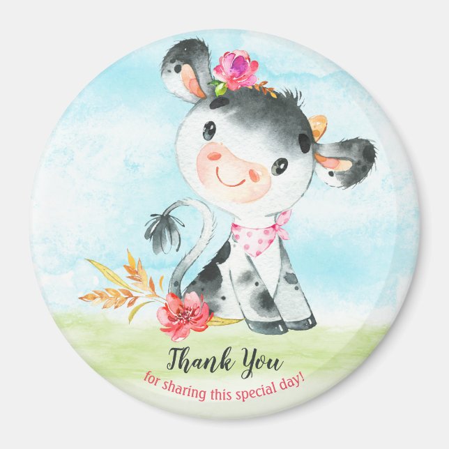 Watercolor Girl Cow Baby Shower Farm Thank You Magnet (Front)
