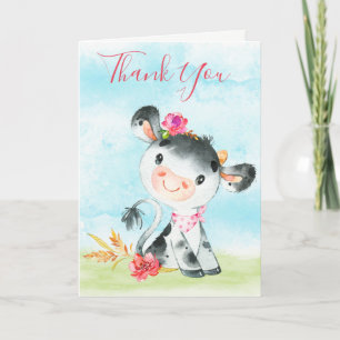 Watercolor Girl Cow Farm Thank You Card