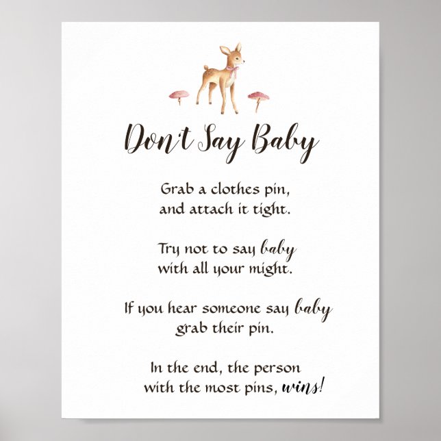Watercolor Girl Deer Don't Say Baby Shower Game Poster (Front)