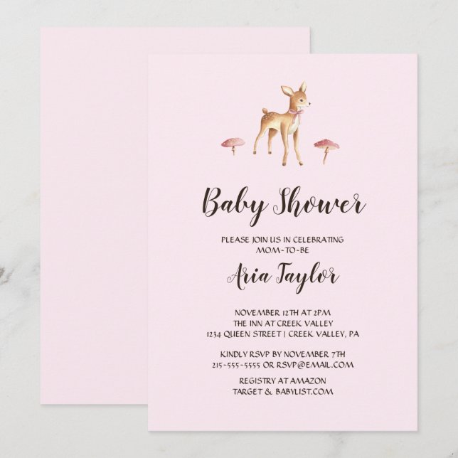 Watercolor Girl Deer with Mushrooms Baby Shower Invitation (Front/Back)