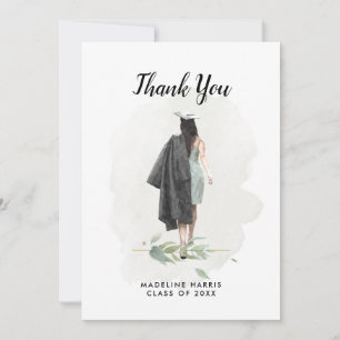 Watercolor Girl Foliage Custom Photo Graduation Thank You Card