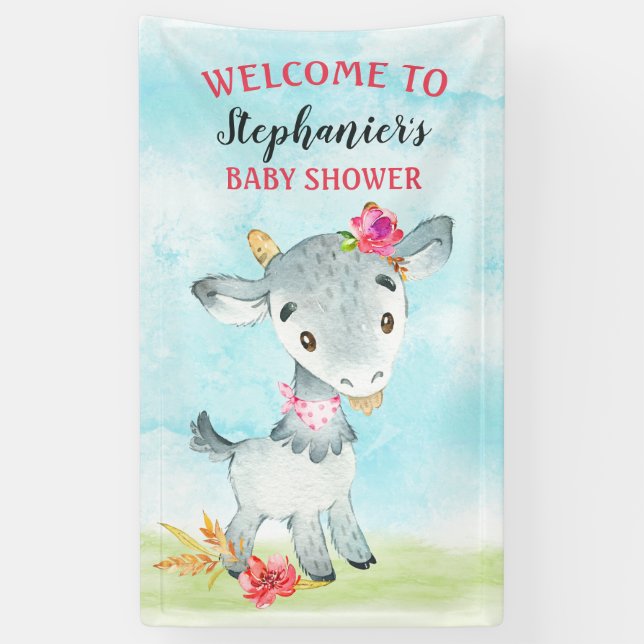 Watercolor Girl Goat Baby Shower Farm Banner (Vertical)