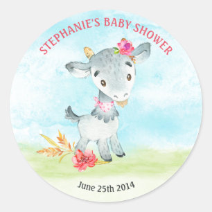 Watercolor Girl Goat Baby Shower Farm Classic Round Sticker