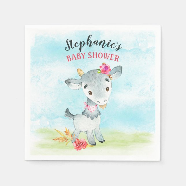 Watercolor Girl Goat Baby Shower Farm Napkin (Front)