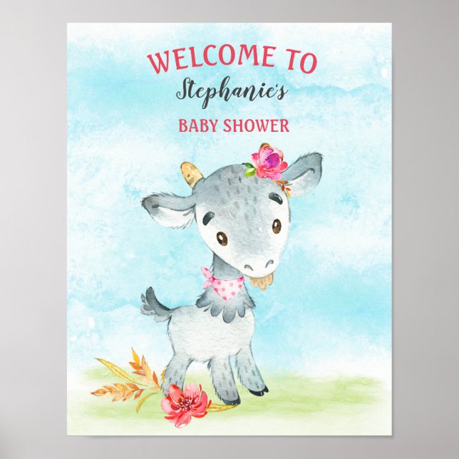 Watercolor Girl Goat Baby Shower Farm Poster (Front)
