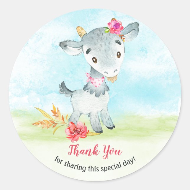 Watercolor Girl Goat Farm Thank You Classic Round Sticker (Front)