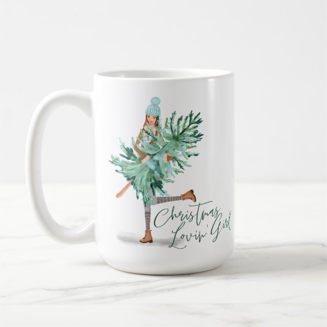 Watercolor Girl Holding Evergreen Christmas Tree Coffee Mug (Left)
