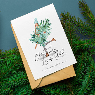 Watercolor Girl Holding Evergreen Christmas Tree Holiday Card